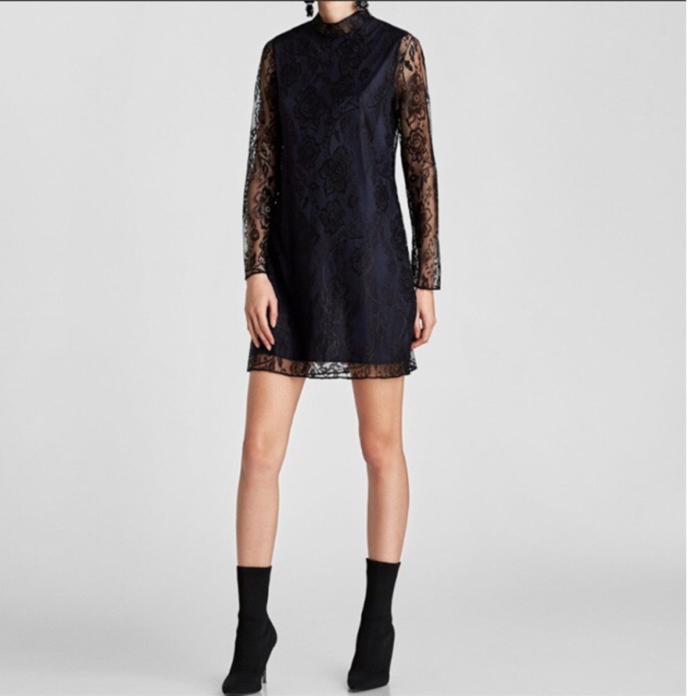 Zara black lace mini dress navy blue underlay S